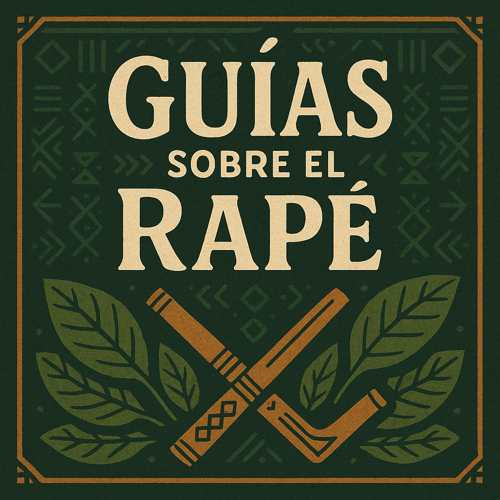 Guías de rapé: banner cuadrado en estilo tribal amazónico con kuripe y tepi cruzados, hojas de tabaco y patrones geométricos, texto “Guías sobre el Rapé”.