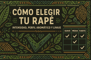 Ilustración tribal amazónica sobre uso seguro del rapé: manos ofreciendo un kuripe/tepi en círculo ceremonial, con símbolos de contraindicación (embarazo, corazón, pulmones) y marco de hojas.