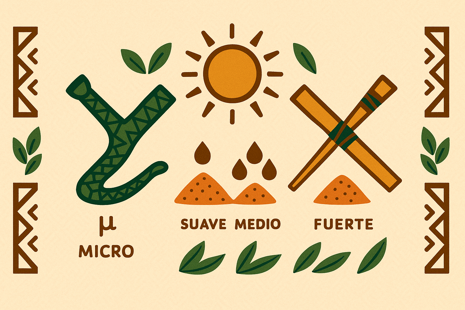 Ilustración tribal amazónica con sol central, kuripe y tepi a los lados y puntos de dosis; cabecera para ‘Dosificación responsable de rapé’.