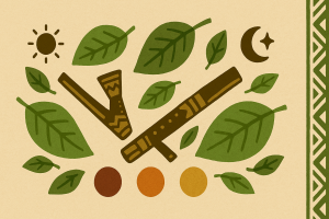 Ilustración tribal amazónica con kuripe y tepi cruzados sobre una hoja de tabaco y un cuenco de rapé, con patrones geométricos en colores tierra.