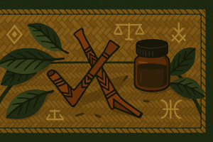 Ilustración tribal amazónica horizontal con kuripe, tepi y un frasco sellado junto a símbolos de equilibrio/justicia, atmósfera sobria de respeto y normas.