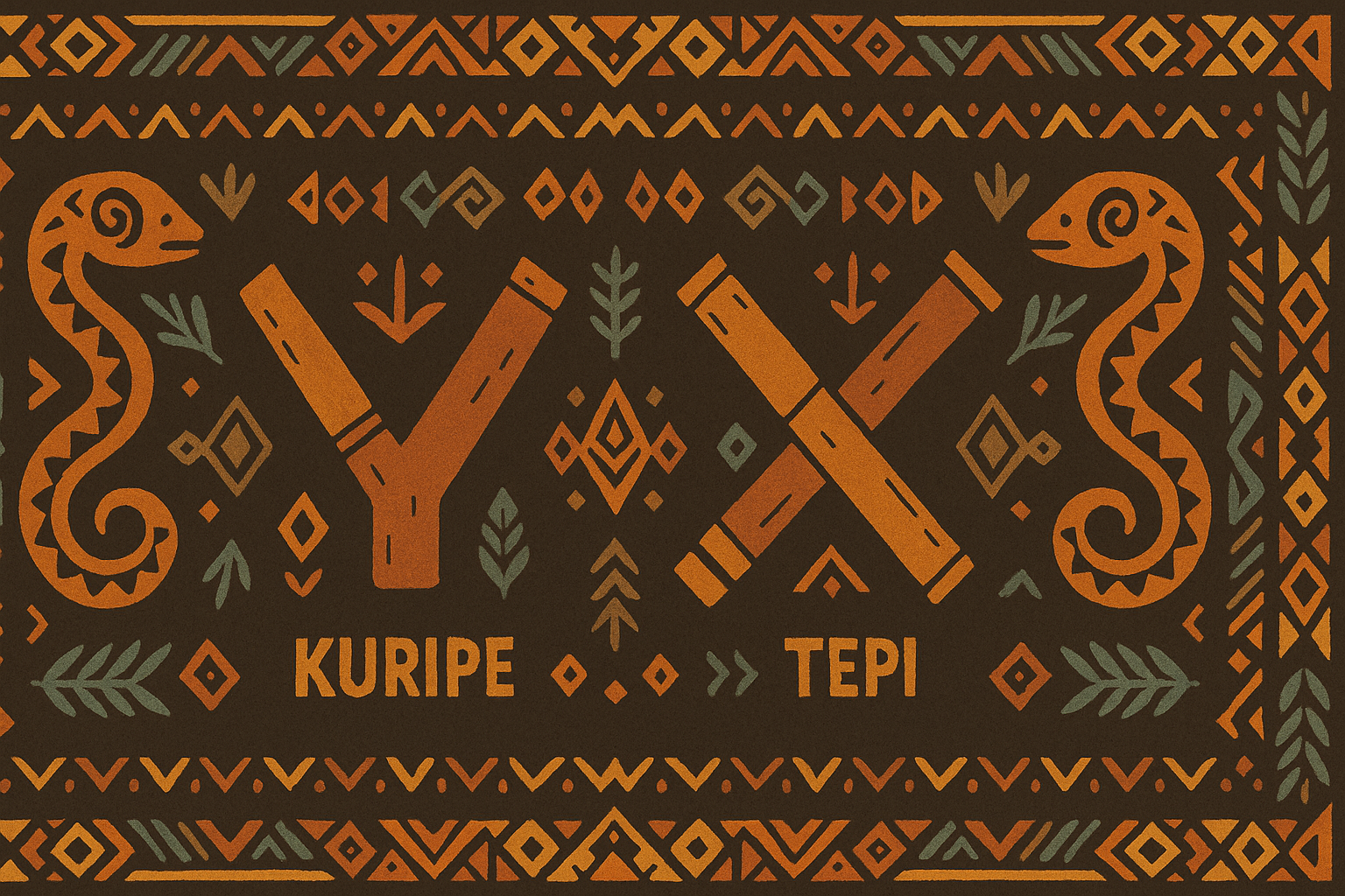 Ilustración tribal amazónica comparando kuripe y tepi: dos aplicadores de rapé en bambú vistos de frente y perfil, flechas indicando el flujo del soplo, motivos geométricos amazónicos y fondo en tonos tierra.