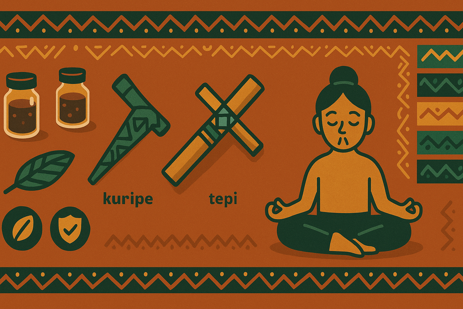 Ilustración tribal amazónica horizontal con kuripe y tepi, hojas de tabaco y cenizas sobre patrones geométricos, para guía sobre rapé.