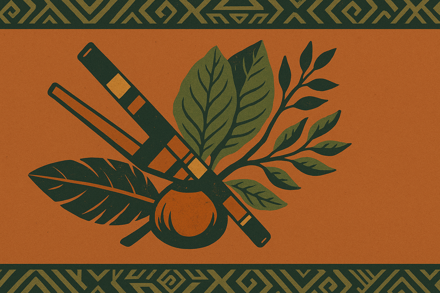 Espacio cuidado y rapé respetuoso con tejidos y hojas en estilo tribal