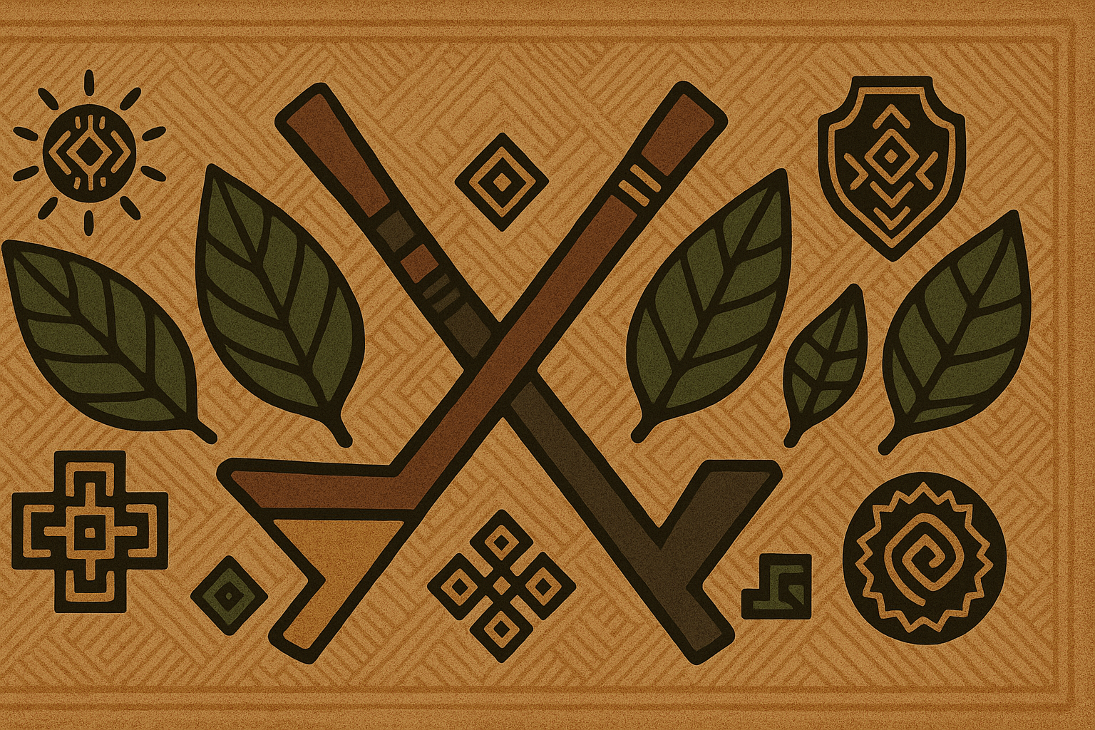 Ilustración tribal amazónica horizontal con cinco símbolos de linaje, kuripe y tepi sobre tapete y hojas; atmósfera sobria de respeto cultural.